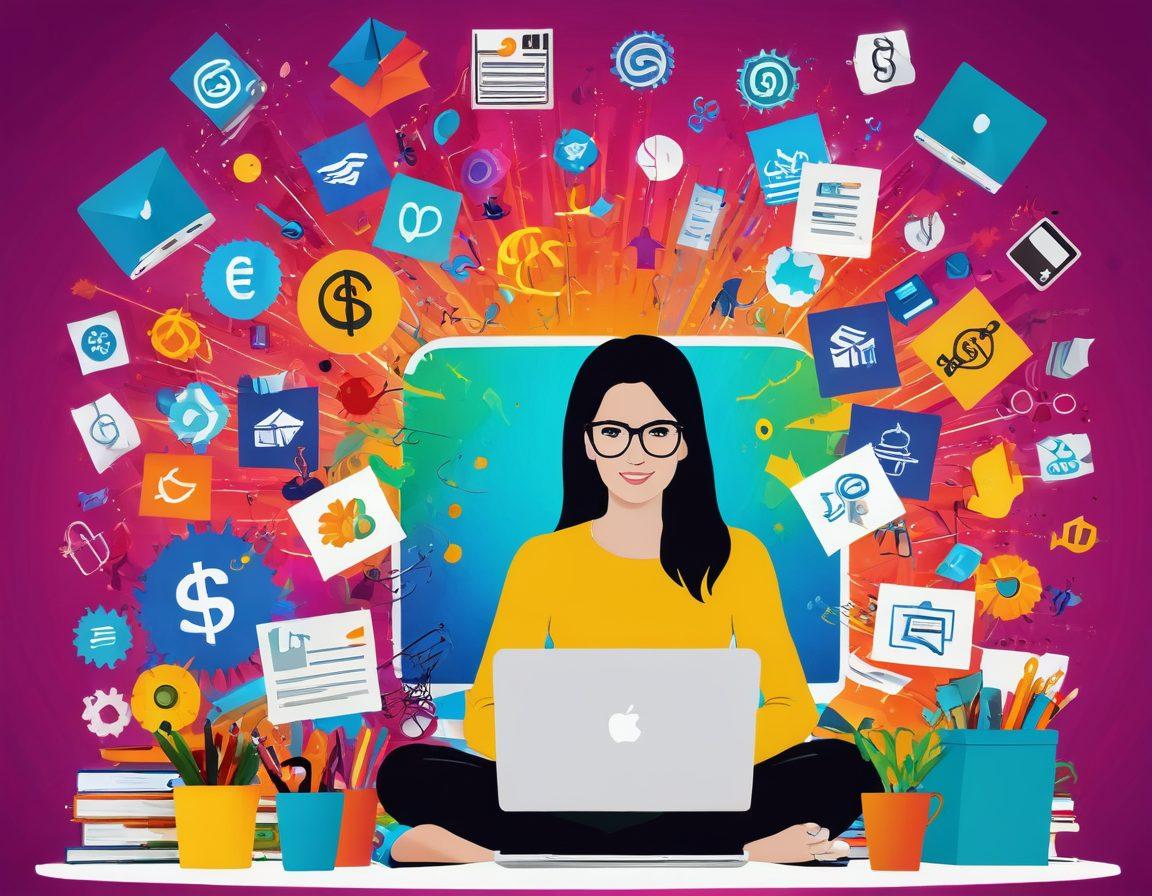 A vibrant and dynamic representation of a person converting their passion into profit, surrounded by symbols of online income like dollar signs, laptops, and social media icons. The scene should include bright colors radiating energy and excitement, showcasing a creative workspace filled with art supplies, books, and a glowing computer screen. The background should be inviting and motivational, with subtle nods to online entrepreneurship. super-realistic. vibrant colors. white background.