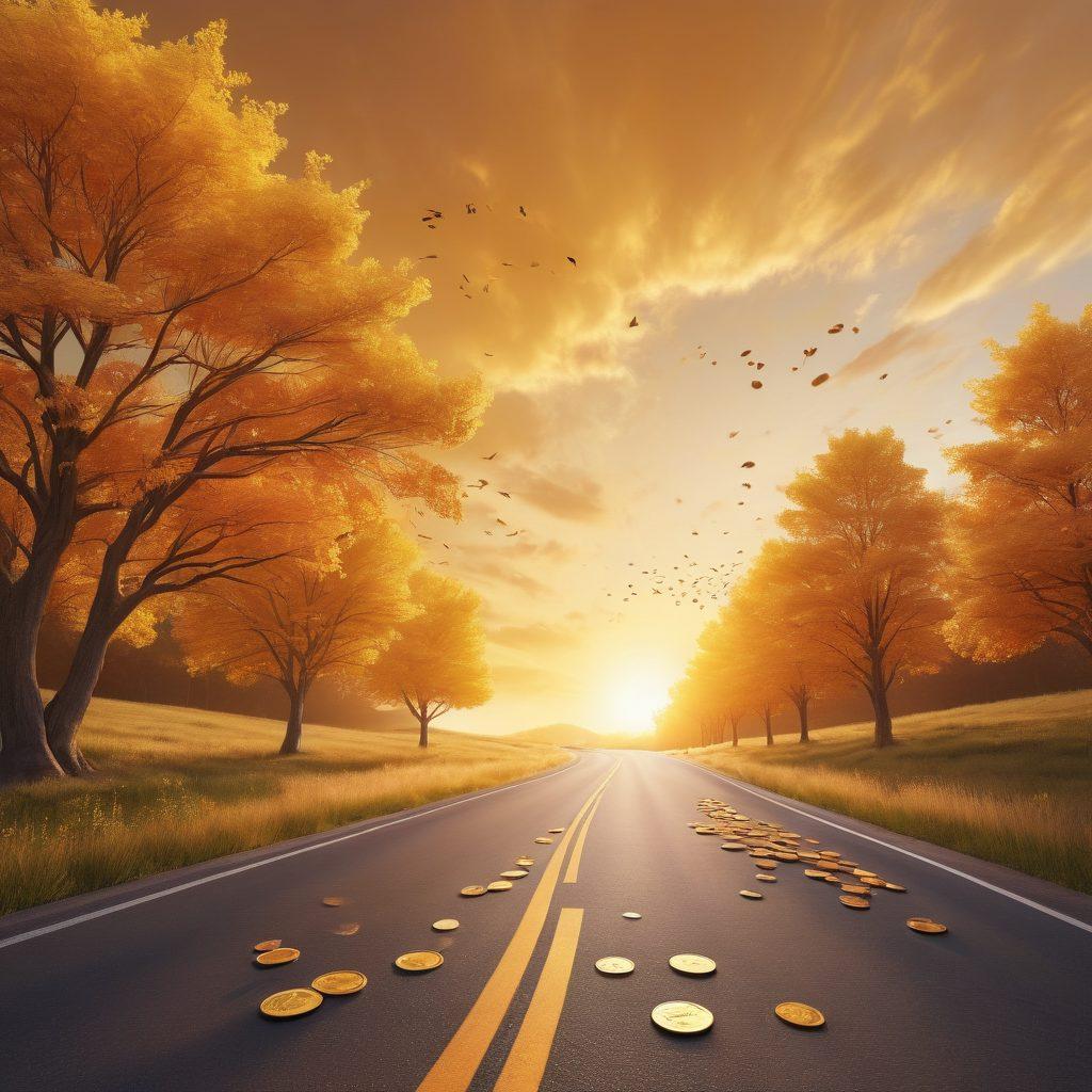A visually striking representation of a flourishing financial landscape, featuring a serene, open road leading towards a bright horizon symbolizing growth. Alongside the road, vibrant trees represent sustainable earnings, each adorned with coins instead of leaves. In the background, a glowing graph illustrating upward trends complements the scene, inviting viewers to envision their financial empowerment journey. The sky is a gradient of warm golden tones, reflecting optimism and potential. super-realistic. vibrant colors. 3D.