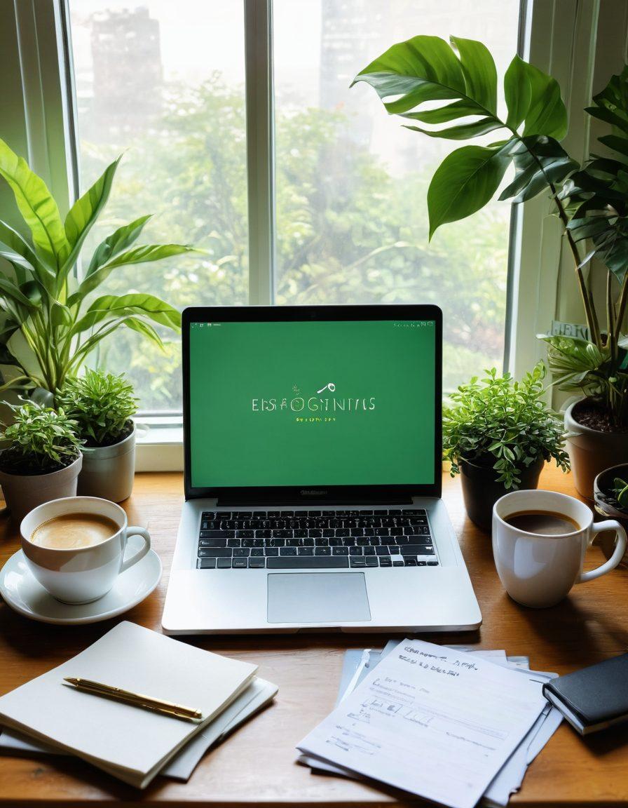 A serene desk scene with an open laptop displaying a financial graph, notebooks filled with blogging strategies, and a steaming cup of coffee, surrounded by green plants symbolizing growth. Include a golden key on the side to represent unlocking potential and wealth. The background should feature an inspiring quote about financial empowerment. vibrant colors. super-realistic. natural lighting.